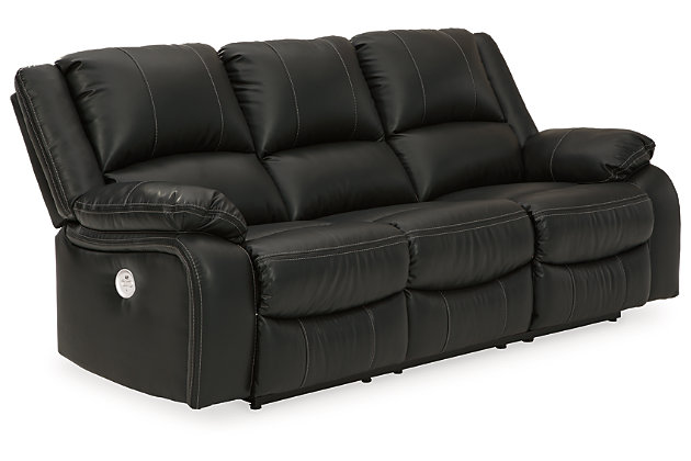 Sleek and streamlined, the Calderwell power reclining sofa draws out your leisure time with its bustle back construction and thickly cushioned armrests. The super soft faux leather gets a high-end tweak with jumbo contrast stitching so you don’t have to sacrifice style for comfort. Sink into the comfortably supportive cushions and stretch your evening as long as you can with the handy USB port to power your devices.Dual-sided recliner; middle seat remains stationary | One-touch power control with adjustable positions and zero-draw USB plug-in | Zero-draw technology only consumes power when the USB receptacle is in use | Corner-blocked frame | Attached cushions | High-resiliency foam cushions wrapped in thick poly fiber | Vinyl/polyester/polyurethane upholstery | Power cord included; UL Listed | Estimated Assembly Time: 15 Minutes