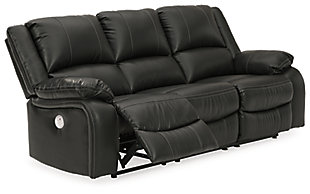 Sleek and streamlined, the Calderwell power reclining sofa draws out your leisure time with its bustle back construction and thickly cushioned armrests. The super soft faux leather gets a high-end tweak with jumbo contrast stitching so you don’t have to sacrifice style for comfort. Sink into the comfortably supportive cushions and stretch your evening as long as you can with the handy USB port to power your devices.Dual-sided recliner; middle seat remains stationary | One-touch power control with adjustable positions and zero-draw USB plug-in | Zero-draw technology only consumes power when the USB receptacle is in use | Corner-blocked frame | Attached cushions | High-resiliency foam cushions wrapped in thick poly fiber | Vinyl/polyester/polyurethane upholstery | Power cord included; UL Listed | Estimated Assembly Time: 15 Minutes