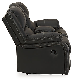 Sleek and streamlined, the Calderwell reclining loveseat with center console draws out your leisure time with its bustle back construction and thickly cushioned armrests. The super soft faux leather gets a high-end tweak with jumbo contrast stitching so you don’t have to sacrifice style for comfort. Sink into the comfortably supportive cushions and stretch your evening as long as you can with the added convenience of a center console at your fingertips.Dual-sided recliner | Pull tab reclining motion | Corner-blocked frame with metal reinforced seats | Attached cushions | High-resiliency foam cushions wrapped in thick poly fiber | Center console with storage and 2 cup holders | Vinyl/polyester/polyurethane upholstery | Estimated Assembly Time: 15 Minutes