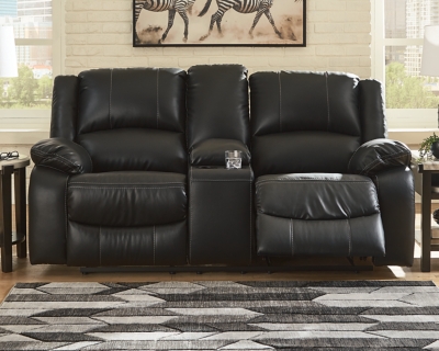 Calderwell Reclining Loveseat with Console, Black, rollover