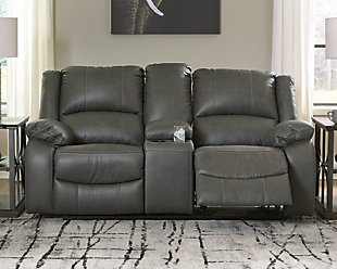 Calderwell Reclining Loveseat with Console, Gray, rollover