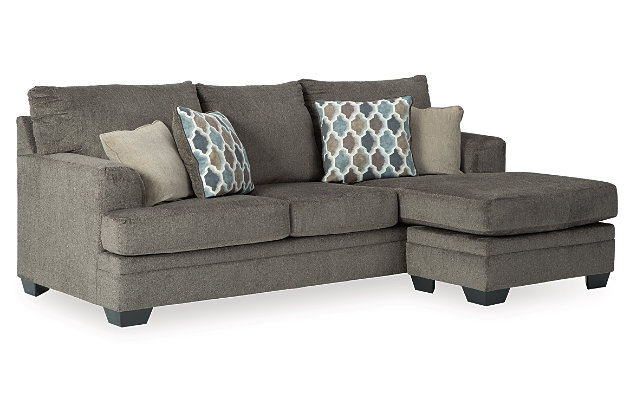 The Dorsten contemporary sofa chaise and rocker recliner set has comfort written all over it. From the plush cushions to the textured gray fabric, it’s a total winner for relaxation. This sofa chaise has the corner on ultra-contemporary style made for easy, everyday living while the rocker recliner invites you to kick back and relax.Includes sofa chaise and rocker recliner | Corner-blocked frame | Sofa chaise with attached back and loose seat cushions | Rocker recliner with attached cushions | Rocker recliner with one-pull reclining motion | Rocker recliner with gentle rocking motion | High-resiliency foam cushions wrapped in thick poly fiber | Polyester upholstery | Sofa chaise toss pillows included | Pillows with soft polyfill | Exposed feet with faux wood finish | Chaise can be positioned on either side (thanks to reversible seat cushion) | Sofa chaise with platform foundation system resists sagging 3x better than spring system after 20,000 testing cycles by providing more even support