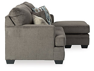 The Dorsten sofa chaise has the corner on ultra-contemporary style made for easy, everyday living. Upholstered in a plush slate chenille, it takes neutral sophistication to another level. And talk about accommodating. Thanks to a versatile chaise with movable ottoman and reversible seat cushions, you can enjoy the chaise on either side to suit your space.Corner-blocked frame | Attached back and loose seat cushions | High-resiliency foam cushions wrapped in thick poly fiber | Polyester upholstery | Throw pillows included | Pillows with soft polyfill | Exposed feet with faux wood finish | Chaise can be positioned on either side (thanks to reversible seat cushion and movable ottoman) | Platform foundation system resists sagging 3x better than spring system after 20,000 testing cycles by providing more even support | Smooth platform foundation maintains tight, wrinkle-free look without dips or sags that can occur over time with sinuous spring foundations