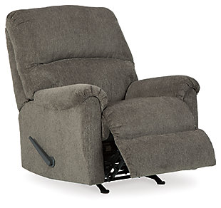 The Dorsten rocker recliner has the corner on ultra-contemporary style made for easy, everyday living. Upholstered in a plush slate chenille, it takes neutral sophistication to another level. Kick back and relax. The look you love comes with a luxurious feel at a price to entice.One-pull reclining motion | Gentle roc motion | Corner-blocked frame with metal reinforced seat | Attached cushions | High-resiliency foam cushions wrapped in thick poly fiber | Polyester upholstery