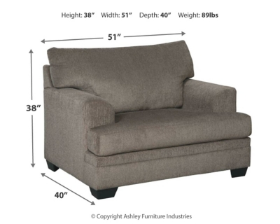 The contemporary Dorsten oversized chair has comfort written all over it. From the wide, plush seat to the textured fabric, it’s a total winner for relaxation. Just grab a throw blanket and cozy up to its warmth.Corner-blocked frame | High-resiliency foam cushions wrapped in thick poly fiber | Polyester upholstery | Exposed feet with faux wood finish | Platform foundation system resists sagging 3x better than spring system after 20,000 testing cycles by providing more even support | Smooth platform foundation maintains tight, wrinkle-free look without dips or sags that can occur over time with sinuous spring foundations