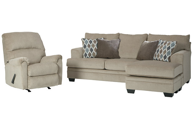 The Dorsten contemporary sofa chaise and rocker recliner set has comfort written all over it. From the plush cushions to the textured tan fabric, it’s a total winner for relaxation. This sofa chaise has the corner on ultra-contemporary style made for easy, everyday living while the rocker recliner invites you to kick back and relax.Includes sofa chaise and rocker recliner | Corner-blocked frame | Sofa chaise with attached back and loose seat cushions | Rocker recliner with attached cushions | Rocker recliner with one-pull reclining motion | Rocker recliner with gentle rocking motion | High-resiliency foam cushions wrapped in thick poly fiber | Polyester upholstery | Sofa chaise toss pillows included | Pillows with soft polyfill | Exposed feet with faux wood finish | Chaise can be positioned on either side (thanks to reversible seat cushion) | Sofa chaise with platform foundation system resists sagging 3x better than spring system after 20,000 testing cycles by providing more even support