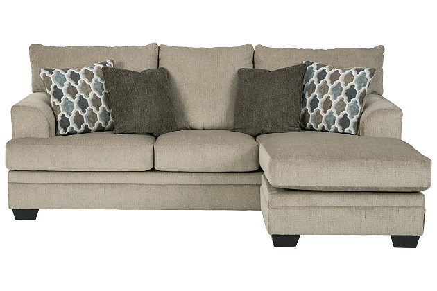 The Dorsten sofa chaise has the corner on ultra-contemporary style made for easy, everyday living. Upholstered in a plush tan chenille, it takes neutral sophistication to another level. And talk about accommodating. Thanks to a versatile chaise with movable ottoman and reversible seat cushions, you can enjoy the chaise on either side to suit your space.Corner-blocked frame | Attached back and loose seat cushions | High-resiliency foam cushions wrapped in thick poly fiber | Polyester upholstery | Throw pillows included | Pillows with soft polyfill | Exposed feet with faux wood finish | Chaise can be positioned on either side (thanks to reversible seat cushion and movable ottoman) | Platform foundation system resists sagging 3x better than spring system after 20,000 testing cycles by providing more even support | Smooth platform foundation maintains tight, wrinkle-free look without dips or sags that can occur over time with sinuous spring foundations