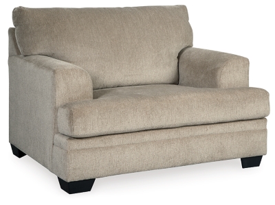 The contemporary Dorsten oversized chair has comfort written all over it. From the wide, plush seat to the textured fabric, it’s a total winner for relaxation. Just grab a throw blanket and cozy up to its warmth.Corner-blocked frame | High-resiliency foam cushions wrapped in thick poly fiber | Polyester upholstery | Exposed feet with faux wood finish | Platform foundation system resists sagging 3x better than spring system after 20,000 testing cycles by providing more even support | Smooth platform foundation maintains tight, wrinkle-free look without dips or sags that can occur over time with sinuous spring foundations