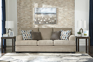 The contemporary Dorsten sofa sleeper has comfort written all over it. From the plush cushions to the textured tan fabric, it’s a total winner for relaxation. Designer throw pillows in blue, brown and tan complement the richly neutral upholstery. Pull-out queen mattress in quality memory foam comfortably accommodates overnight guests.Corner-blocked frame | Attached back and loose seat cushions | High-resiliency foam cushions wrapped in thick poly fiber | 4 decorative pillows included | Pillows with soft polyfill | Polyester upholstery and pillows | Exposed feet with faux wood finish | Included bi-fold queen memory foam mattress sits atop a supportive steel frame | Memory foam provides better airflow for a cooler night’s sleep | Memory foam encased in damask ticking