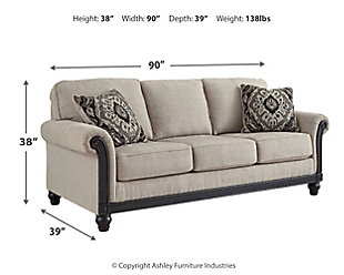 If you’re one to embrace new traditions, behold the beauty of the Benbrook sofa. Giving stately elegance a sense of newfound flair, it's dressed to impress with a distressed black exposed rail that complements today’s more relaxed lifestyles. Tailored elements like a light and lovely linen-weave upholstery, romantic roll arms and turned bun feet make this updated classic complete.Corner-blocked frame | Attached back and loose cushions | High-resiliency foam cushions wrapped in thick poly fiber | Polyester upholstery | Throw pillows included | Pillows with soft polyfill | Exposed rail and feet with faux wood finish | Platform foundation system resists sagging 3x better than spring system after 20,000 testing cycles by providing more even support | Smooth platform foundation maintains tight, wrinkle-free look without dips or sags that can occur over time with sinuous spring foundations