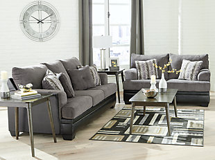 Comfort is inevitable with the Millingar sofa and loveseat. The handsome profile is teeming with chenille softness. Smoky gray textured cushions meet black faux leather for a quality look. Throw pillows season this sofa with extra style flavor—one design with a center button and the other with a trendsetting geometric pattern.Includes sofa and loveseat | Corner-blocked frame | Attached back and loose seat cushions | High-resiliency foam cushions wrapped in thick poly fiber | Toss pillows included | Pillows with soft polyfill | Polyester interior upholstery; vinyl/polyester/polyurethane exterior upholstery | Polyester and polyester/cotton pillows | Exposed feet with faux wood finish | Sofa and loveseat with platform foundation system resists sagging 3x better than spring system after 20,000 testing cycles by providing more even support | Smooth platform foundation maintains tight, wrinkle-free look without dips or sags that can occur over time with sinuous spring foundations