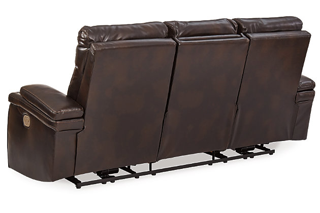 If you agree it’s time to put the high design in recline, prepare to be impressed with the Team Time power reclining sofa in chocolate brown. Equipped with everything from a power adjustable headrest and USB charging ports, to stainless steel cup holders and chic padded armrests, it’s the clear winner for contemporary style and comfort. Ultra-cool vertical channel stitching, jumbo contrast stitching and a pad-on-pad arm design put this power reclining sofa in a class by itself.Dual-sided recliner | One-touch power control with Easy View™ power adjustable headrest and USB plug-in | Corner-blocked frame with metal reinforced seat | Attached cushions | 42" high back | Drop-down table with 2 cup holders and a magazine holder | Stainless steel cup holder on each armrest | High-resiliency foam cushions wrapped in thick poly fiber | Polyester/polyurethane (faux leather) upholstery | Extended ottoman for enhanced comfort | Power cord included; UL Listed | Estimated Assembly Time: 15 Minutes