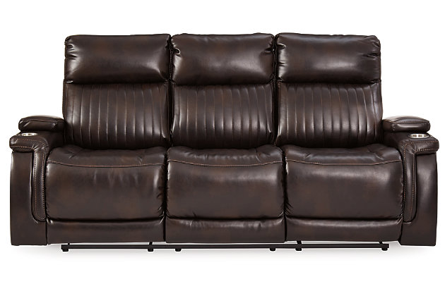 If you agree it’s time to put the high design in recline, prepare to be impressed with the Team Time power reclining sofa in chocolate brown. Equipped with everything from a power adjustable headrest and USB charging ports, to stainless steel cup holders and chic padded armrests, it’s the clear winner for contemporary style and comfort. Ultra-cool vertical channel stitching, jumbo contrast stitching and a pad-on-pad arm design put this power reclining sofa in a class by itself.Dual-sided recliner | One-touch power control with Easy View™ power adjustable headrest and USB plug-in | Corner-blocked frame with metal reinforced seat | Attached cushions | 42" high back | Drop-down table with 2 cup holders and a magazine holder | Stainless steel cup holder on each armrest | High-resiliency foam cushions wrapped in thick poly fiber | Polyester/polyurethane (faux leather) upholstery | Extended ottoman for enhanced comfort | Power cord included; UL Listed | Estimated Assembly Time: 15 Minutes