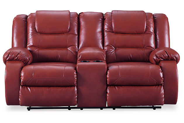 The Vacherie reclining loveseat puts comfort in style. Plush cushions are stitched to perfection. Ease back into the deep seating to rest your head on the supportive headrest. Supple fabric gives your room the high end look of leather with a spicy pop of color. You’ll love how easy it is to recline in infinite positions of relaxation. Drop a beverage in one of the cup holders, and enjoy sitting here for hours.Dual-sided recliner | Pull tab reclining motion | Lift-top storage console and 2 cup holders | Corner-blocked frame with metal reinforced seats | Attached back and seat cushions | High-resiliency foam cushions wrapped in thick poly fiber | Vinyl/polyester/polyurethane upholstery