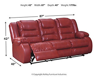 The Vacherie reclining sofa puts comfort in style. Plush cushions are stitched to perfection. Ease back into the deep seating to rest your head on the supportive headrest. Supple fabric gives your room the high end look of leather with a spicy pop of color. You’ll love how easy it is to recline in infinite positions of relaxation.Dual-sided recliner; middle seat remains stationary | Pull tab reclining motion | Corner-blocked frame with metal reinforced seats | Attached back and seat cushions | High-resiliency foam cushions wrapped in thick poly fiber | Vinyl/polyester/polyurethane upholstery