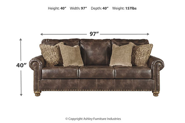 Enticing with a coffee brown faux leather, beautified with a gently weathered effect and designer stitching, the Nicorvo sofa merges a richly traditional sense of style with modern comfort. Roll arms, turned bun feet and prominent nailhead trim incorporate distinctive character. Four plush accent pillows are a sumptuous touch.Corner-blocked frame | Attached back and loose seat cushions | High-resiliency foam cushions wrapped in thick poly fiber | 4 throw pillows included | Pillows with soft polyfill | Polyester/polyurethane (faux leather) upholstery and polyester pillows | Nailhead trim | Exposed feet with faux wood finish | Platform foundation system resists sagging 3x better than spring system after 20,000 testing cycles by providing more even support | Smooth platform foundation maintains tight, wrinkle-free look without dips or sags that can occur over time with sinuous spring foundations