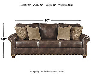 Enticing with a coffee brown faux leather, beautified with a gently weathered effect and designer stitching, the Nicorvo queen sofa sleeper merges a richly traditional sense of style with modern comfort. Roll arms, turned bun feet and prominent nailhead trim incorporate distinctive character. Made with quality memory foam, a queen pullout mattress comfortably accommodates overnight guests.Corner-blocked frame | Attached back and loose seat cushions | High-resiliency foam cushions wrapped in thick poly fiber | 4 throw pillows included | Pillows with soft polyfill | Polyester/polyurethane (faux leather) upholstery and polyester pillows | Nailhead trim | Exposed feet with faux wood finish | Included bi-fold queen memory foam mattress sits atop a supportive steel frame | Memory foam provides better airflow for a cooler night’s sleep | Memory foam encased in damask ticking