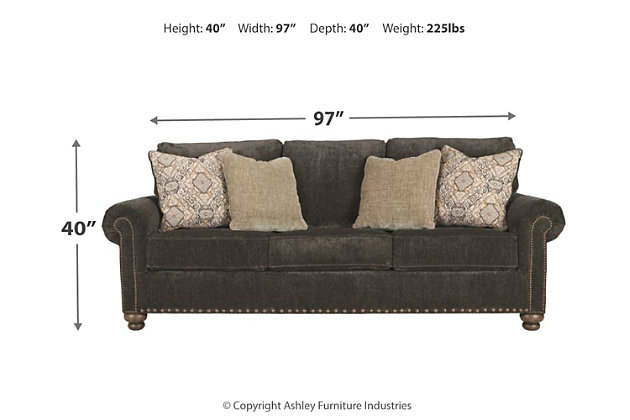 Everyone can have the best seat in the house with the Stracelen sofa sleeper. Nailhead trim puts the finishing touches on the traditional roll arms you love. Reversible seat cushions with high-pile chenille fabric keep it feeling plush. Textured velvet and old world-inspired jacquard pillows add another layer of comfort. Turned feet in burnished light brown finish show that style and quality flow from top to the bottom. Pull-out queen mattress in quality memory foam comfortably accommodates overnight guests.Corner-blocked frame | Attached back and reversible seat cushions | Pewter-tone nailhead trim | High-resiliency foam cushions wrapped in thick poly fiber | 4 decorative pillows included | Pillows with soft polyfill | Polyester upholstery and pillows | Exposed feet with faux wood finish | Included bi-fold queen memory foam mattress sits atop a supportive steel frame | Memory foam provides better airflow for a cooler night’s sleep | Memory foam encased in damask ticking