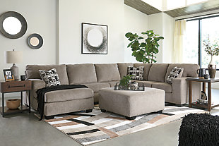 A mastery in less is more, the Ballinasloe sectional manages to make cool, contemporary design so warm and cozy. A new twist on neutral, the sectional’s soothing “platinum” tone upholstery is incredibly plush to the touch. Gently rounded corners give the clean-lined profile a sense of ease, for a high-style look that’s ultra inviting.Includes 3 pieces: left-arm facing corner chaise, armless loveseat and right-arm facing sofa | "Left-arm" and "right-arm" describe the position of the arm when you face the piece | Corner-blocked frame | Attached back and loose seat cushions | High-resiliency foam cushions wrapped in thick poly fiber | 3 toss pillows included | Pillows with soft polyfill | Polyester upholstery and pillows | Exposed feet with faux wood finish | Estimated Assembly Time: 10 Minutes