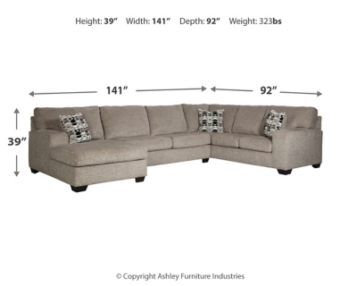 A mastery in less is more, the Ballinasloe sectional manages to make cool, contemporary design so warm and cozy. A new twist on neutral, the sectional’s soothing “platinum” tone upholstery is incredibly plush to the touch. Gently rounded corners give the clean-lined profile a sense of ease, for a high-style look that’s ultra inviting.Includes 3 pieces: left-arm facing corner chaise, armless loveseat and right-arm facing sofa | "Left-arm" and "right-arm" describe the position of the arm when you face the piece | Corner-blocked frame | Attached back and loose seat cushions | High-resiliency foam cushions wrapped in thick poly fiber | 3 toss pillows included | Pillows with soft polyfill | Polyester upholstery and pillows | Exposed feet with faux wood finish | Estimated Assembly Time: 10 Minutes