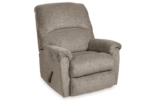 A mastery in less is more, the Ballinasloe rocker recliner manages to make cool, contemporary design so warm and cozy. A new twist on neutral, the recliner’s soothing “platinum” tone upholstery is incredibly plush to the touch. Curved divided back and deeply tufted footrest give the clean-lined profile a sense of sumptuousness impossible to resist.One-pull reclining motion | Gentle rocking motion | Corner-blocked frame with reinforced metal seat | Attached cushions | High-resiliency foam cushions wrapped in thick poly fiber | Polyester upholstery