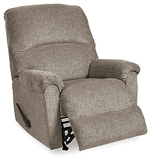 A mastery in less is more, the Ballinasloe rocker recliner manages to make cool, contemporary design so warm and cozy. A new twist on neutral, the recliner’s soothing “platinum” tone upholstery is incredibly plush to the touch. Curved divided back and deeply tufted footrest give the clean-lined profile a sense of sumptuousness impossible to resist.One-pull reclining motion | Gentle rocking motion | Corner-blocked frame with reinforced metal seat | Attached cushions | High-resiliency foam cushions wrapped in thick poly fiber | Polyester upholstery