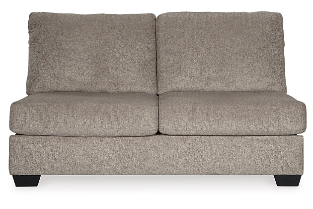 A mastery in less is more, the Ballinasloe sectional with ottoman manages to make cool, contemporary design so warm and cozy. A new twist on neutral, the sectional’s soothing “platinum” tone upholstery is incredibly plush to the touch. Gently rounded corners give the clean-lined profile a sense of ease, for a high-style look that’s ultra inviting. Rest assured, an oversized ottoman gives everyone plenty of room to kick up their heels, or use with a tray for easy entertaining.Includes 3-piece sectional (right-arm facing corner chaise, armless loveseat and left-arm facing sofa) and an oversized ottoman | Left-arm and "right-arm" describe the position of the arm when you face the piece | Corner-blocked frame | Attached back and loose seat cushions | Firmly cushioned ottoman | High-resiliency foam cushions wrapped in thick poly fiber | Accent pillows included | Pillows with soft polyfill | Polyester upholstery and pillows | Exposed feet with faux wood finish | Estimated Assembly Time: 10 Minutes