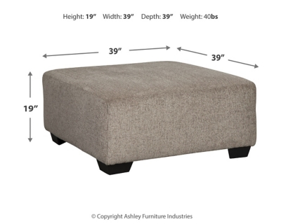 Celebrate strength and durability in design with the Ballinasloe oversized accent ottoman. Neutral color opens doors for you to use your imagination with accessorizing the room. Softly textured chenille cushion sports stylish versatility. Throw up your feet or use it as a table for a show-stopping tray. It’s all up to you.Corner-blocked frame | High-resiliency foam cushion wrapped in thick poly fiber | Polyester upholstery | Exposed feet with faux wood finish