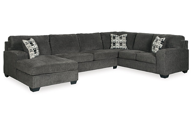 A mastery in less is more, the Ballinasloe sectional manages to make cool, contemporary design so warm and cozy. A new twist on neutral, the sectional’s soothing “smoky” gray upholstery is incredibly plush to the touch. Gently rounded corners give the clean-lined profile a sense of ease, for a high-style look that’s ultra inviting.Includes 3 pieces:  left-arm facing corner chaise, armless loveseat and right-arm facing sofa | "Left-arm" and "right-arm" describes the position of the arm when you face the piece | Corner-blocked frame | Attached back and loose seat cushions | High-resiliency foam cushions wrapped in thick poly fiber | 3 toss pillows included | Pillows with soft polyfill | Polyester upholstery and pillows | Exposed feet with faux wood finish | Estimated Assembly Time: 10 Minutes