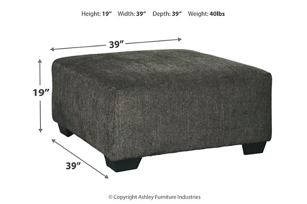 Celebrate strength and durability in design with the Ballinasloe oversized accent ottoman. Neutral color opens doors for you to use your imagination with accessorizing the room. Softly textured chenille cushion sports stylish versatility. Throw up your feet or use it as a table for a show-stopping tray. It’s all up to you.Corner-blocked frame | High-resiliency foam cushion wrapped in thick poly fiber | Polyester upholstery | Exposed feet with faux wood finish