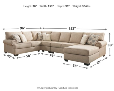 Lighten things up in a comfortably chic way with the Baceno sectional in “hemp” beige. Traditional elements such as t-cushion styling and prominent piping are modified with slanted roll arms for a beautiful balance of classic and contemporary. Linen-weave textural fabric is paired with posh designer pillows that truly perfect the look.Includes 4 pieces: right-arm facing corner chaise, armless loveseat, armless chair and left-arm facing sofa with corner wedge | "Left-arm" and "right-arm" describe the position of the arm when you face the piece | Corner-blocked frame | Attached back and loose seat cushions | High-resiliency foam cushions wrapped in thick poly fiber | 6 toss pillows included | Pillows with soft polyfill | Polyester upholstery; polyester and polyester/rayon/linen pillows | Exposed feet with faux wood finish | Estimated Assembly Time: 75 Minutes