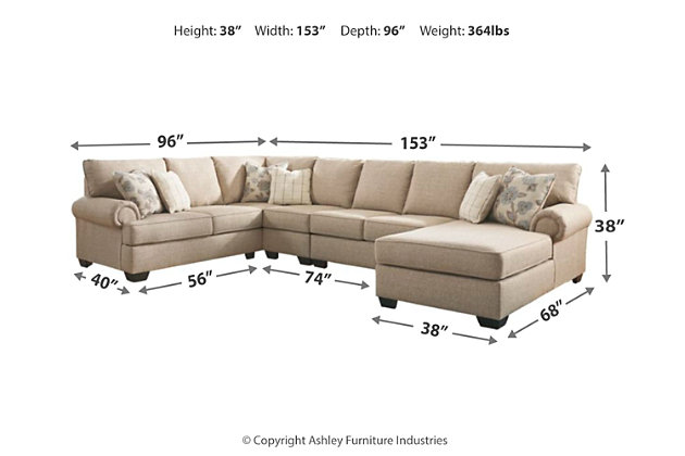 Lighten things up in a comfortably chic way with the Baceno sectional in “hemp” beige. Traditional elements such as t-cushion styling and prominent piping are modified with slanted roll arms for a beautiful balance of classic and contemporary. Linen-weave textural fabric is paired with posh designer pillows that truly perfect the look.Includes 4 pieces: right-arm facing corner chaise, armless loveseat, armless chair and left-arm facing sofa with corner wedge | "Left-arm" and "right-arm" describe the position of the arm when you face the piece | Corner-blocked frame | Attached back and loose seat cushions | High-resiliency foam cushions wrapped in thick poly fiber | 6 toss pillows included | Pillows with soft polyfill | Polyester upholstery; polyester and polyester/rayon/linen pillows | Exposed feet with faux wood finish | Estimated Assembly Time: 75 Minutes