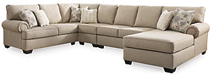 Lighten things up in a comfortably chic way with the Baceno sectional in “hemp” beige. Traditional elements such as t-cushion styling and prominent piping are modified with slanted roll arms for a beautiful balance of classic and contemporary. Linen-weave textural fabric is paired with posh designer pillows that truly perfect the look.Includes 4 pieces: right-arm facing corner chaise, armless loveseat, armless chair and left-arm facing sofa with corner wedge | "Left-arm" and "right-arm" describe the position of the arm when you face the piece | Corner-blocked frame | Attached back and loose seat cushions | High-resiliency foam cushions wrapped in thick poly fiber | 6 toss pillows included | Pillows with soft polyfill | Polyester upholstery; polyester and polyester/rayon/linen pillows | Exposed feet with faux wood finish | Estimated Assembly Time: 75 Minutes