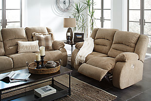 Relaxation is in easy reach with the Labarre power reclining loveseat. Whether you’re decompressing after a long day, or simply indulging in some “me time”, it’s got you covered. With just the simple touch of a button, you’ll find yourself whisked away into the coziest of naps. Plus, an adjustable head rest customizes comfort to a whole new level.Dual-sided loveseat recliner | One-touch power controls with adjustable positions | Easy View™ power adjustable headrests | Includes USB charging port in each of the power controls | Corner-blocked frame with metal reinforced seats | Attached backs and seat cushions | High-resiliency foam cushions wrapped in thick poly fiber | Polyester upholstery | Power cord included; UL listed