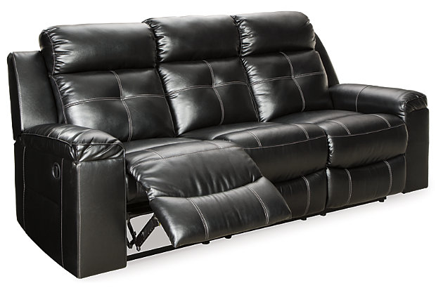 You don’t just want to recline. You want to recline in high design. Wrapped in a fabulous black faux leather upholstery, the Kempten reclining sofa with 42" high back is everything you long for—and then some. Ultra clean lines, subtle curves and sumptuous comfort make it a sight for sore eyes and tired muscles. Here’s the showstopper: ambient blue LED lighting along the sofa base for a movie theater experience enjoyed from the convenience of home.Dual-sided recliner; middle seat remains stationary | Tab pull reclining motion | Corner-blocked frame with metal reinforced seat | Attached cushions | High-resiliency foam cushions wrapped in thick poly fiber | Polyurethane upholstery | 42" high back | Ambient blue LED lighting on base for a theater-style experience | Power cord included; UL Listed | Estimated Assembly Time: 15 Minutes