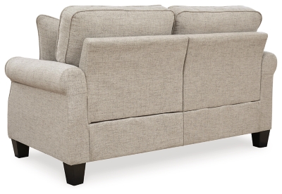 Whether your home is adorned with contemporary or American classic furnishings, the Allesio loveseat has a timeless sense of elegance that’s sure to fit right in. Signature elements include roll arms and cutaway side profiling for added flair. Ultra neutral and plush to the touch, the sesame-hued fabric is a brilliant reflection of your good taste. Rounded cornering gives the box cushions a softened, tailored aesthetic.Corner-blocked frame | Loose seat and reversible back cushions | High-resiliency foam cushions wrapped in thick poly fiber | Polyester upholstery | 2 throw pillows included | Pillows with soft polyfill | Exposed feet with faux wood finish | Assembly required | Platform foundation system resists sagging 3x better than spring system after 20,000 testing cycles by providing more even support | Smooth platform foundation maintains tight, wrinkle-free look without dips or sags that can occur over time with sinuous spring foundations | Estimated Assembly Time: 15 Minutes