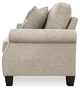 Whether your home is adorned with contemporary or American classic furnishings, the Allesio loveseat has a timeless sense of elegance that’s sure to fit right in. Signature elements include roll arms and cutaway side profiling for added flair. Ultra neutral and plush to the touch, the sesame-hued fabric is a brilliant reflection of your good taste. Rounded cornering gives the box cushions a softened, tailored aesthetic.Corner-blocked frame | Loose seat and reversible back cushions | High-resiliency foam cushions wrapped in thick poly fiber | Polyester upholstery | 2 throw pillows included | Pillows with soft polyfill | Exposed feet with faux wood finish | Assembly required | Platform foundation system resists sagging 3x better than spring system after 20,000 testing cycles by providing more even support | Smooth platform foundation maintains tight, wrinkle-free look without dips or sags that can occur over time with sinuous spring foundations | Estimated Assembly Time: 15 Minutes