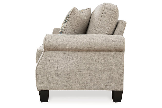 Whether your home is adorned with contemporary or American classic furnishings, the Allesio loveseat has a timeless sense of elegance that’s sure to fit right in. Signature elements include roll arms and cutaway side profiling for added flair. Ultra neutral and plush to the touch, the sesame-hued fabric is a brilliant reflection of your good taste. Rounded cornering gives the box cushions a softened, tailored aesthetic.Corner-blocked frame | Loose seat and reversible back cushions | High-resiliency foam cushions wrapped in thick poly fiber | Polyester upholstery | 2 throw pillows included | Pillows with soft polyfill | Exposed feet with faux wood finish | Assembly required | Platform foundation system resists sagging 3x better than spring system after 20,000 testing cycles by providing more even support | Smooth platform foundation maintains tight, wrinkle-free look without dips or sags that can occur over time with sinuous spring foundations | Estimated Assembly Time: 15 Minutes