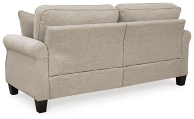 Whether your home is adorned with contemporary or American classic furnishings, the Allesio sofa has a timeless sense of elegance that’s sure to fit right in. Signature elements include roll arms and cutaway side profiling for added flair. Ultra neutral and plush to the touch, the sesame-hued fabric is a brilliant reflection of your good taste. Rounded cornering gives the box cushions a softened, tailored aesthetic.Corner-blocked frame | Loose seat and reversible back cushions | High-resiliency foam cushions wrapped in thick poly fiber | Polyester upholstery | 2 throw pillows included | Pillows with soft polyfill | Exposed feet with faux wood finish | Assembly required | Platform foundation system resists sagging 3x better than spring system after 20,000 testing cycles by providing more even support | Smooth platform foundation maintains tight, wrinkle-free look without dips or sags that can occur over time with sinuous spring foundations | Estimated Assembly Time: 15 Minutes