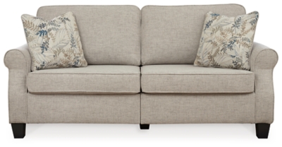 Whether your home is adorned with contemporary or American classic furnishings, the Allesio sofa has a timeless sense of elegance that’s sure to fit right in. Signature elements include roll arms and cutaway side profiling for added flair. Ultra neutral and plush to the touch, the sesame-hued fabric is a brilliant reflection of your good taste. Rounded cornering gives the box cushions a softened, tailored aesthetic.Corner-blocked frame | Loose seat and reversible back cushions | High-resiliency foam cushions wrapped in thick poly fiber | Polyester upholstery | 2 throw pillows included | Pillows with soft polyfill | Exposed feet with faux wood finish | Assembly required | Platform foundation system resists sagging 3x better than spring system after 20,000 testing cycles by providing more even support | Smooth platform foundation maintains tight, wrinkle-free look without dips or sags that can occur over time with sinuous spring foundations | Estimated Assembly Time: 15 Minutes