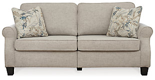 Whether your home is adorned with contemporary or American classic furnishings, the Allesio sofa has a timeless sense of elegance that’s sure to fit right in. Signature elements include roll arms and cutaway side profiling for added flair. Ultra neutral and plush to the touch, the sesame-hued fabric is a brilliant reflection of your good taste. Rounded cornering gives the box cushions a softened, tailored aesthetic.Corner-blocked frame | Loose seat and reversible back cushions | High-resiliency foam cushions wrapped in thick poly fiber | Polyester upholstery | 2 throw pillows included | Pillows with soft polyfill | Exposed feet with faux wood finish | Assembly required | Platform foundation system resists sagging 3x better than spring system after 20,000 testing cycles by providing more even support | Smooth platform foundation maintains tight, wrinkle-free look without dips or sags that can occur over time with sinuous spring foundations | Estimated Assembly Time: 15 Minutes