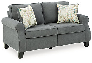 Whether your home is adorned with contemporary or American classic furnishings, the Alessio loveseat has a timeless sense of elegance that's sure to fit right in. Signature elements include roll arms and cutaway side profiling for added flair. Richly neutral and soft to the touch, the charcoal gray fabric is a brilliant reflection of your good taste. Rounded cornering adds a softened, tailored aesthetic to the box cushions, making this loveseat a great transitional piece of furniture.Corner-blocked frame | Loose seat and reversible back cushions | High-resiliency foam cushions | Polyester upholstery | Throw pillows included | Pillows with soft polyfill | Exposed feet with faux wood finish | Assembly required | Estimated Assembly Time: 15 Minutes