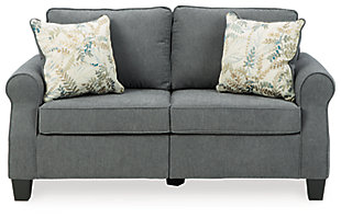 Whether your home is adorned with contemporary or American classic furnishings, the Alessio loveseat has a timeless sense of elegance that's sure to fit right in. Signature elements include roll arms and cutaway side profiling for added flair. Richly neutral and soft to the touch, the charcoal gray fabric is a brilliant reflection of your good taste. Rounded cornering adds a softened, tailored aesthetic to the box cushions, making this loveseat a great transitional piece of furniture.Corner-blocked frame | Loose seat and reversible back cushions | High-resiliency foam cushions | Polyester upholstery | Throw pillows included | Pillows with soft polyfill | Exposed feet with faux wood finish | Assembly required | Estimated Assembly Time: 15 Minutes