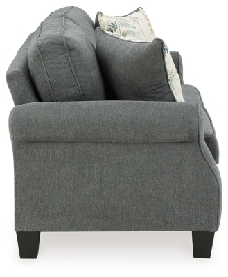 Whether your home is adorned with contemporary or American classic furnishings, the Alessio loveseat has a timeless sense of elegance that's sure to fit right in. Signature elements include roll arms and cutaway side profiling for added flair. Richly neutral and soft to the touch, the charcoal gray fabric is a brilliant reflection of your good taste. Rounded cornering adds a softened, tailored aesthetic to the box cushions, making this loveseat a great transitional piece of furniture.Corner-blocked frame | Loose seat and reversible back cushions | High-resiliency foam cushions | Polyester upholstery | Throw pillows included | Pillows with soft polyfill | Exposed feet with faux wood finish | Assembly required | Estimated Assembly Time: 15 Minutes