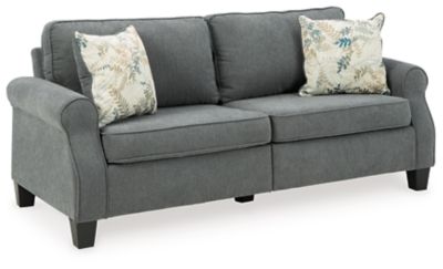 Whether your home is adorned with contemporary or American classic furnishings, the Alessio sofa has a timeless sense of elegance that's sure to fit right in. Signature elements include roll arms and cutaway side profiling for added flair. Richly neutral and soft to the touch, the charcoal blue fabric is a brilliant reflection of your good taste that's right on trend. Rounded cornering gives the box cushions a softened, tailored aesthetic that makes this sofa a great transitional piece of furniture.Corner-blocked frame | Loose seat and reversible back cushions | High-resiliency foam cushions | Polyester upholstery | Throw pillows included | Pillows with soft polyfill | Exposed feet with faux wood finish | Assembly required | Estimated Assembly Time: 15 Minutes