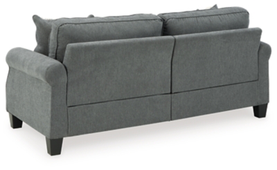 Whether your home is adorned with contemporary or American classic furnishings, the Alessio sofa has a timeless sense of elegance that's sure to fit right in. Signature elements include roll arms and cutaway side profiling for added flair. Richly neutral and soft to the touch, the charcoal blue fabric is a brilliant reflection of your good taste that's right on trend. Rounded cornering gives the box cushions a softened, tailored aesthetic that makes this sofa a great transitional piece of furniture.Corner-blocked frame | Loose seat and reversible back cushions | High-resiliency foam cushions | Polyester upholstery | Throw pillows included | Pillows with soft polyfill | Exposed feet with faux wood finish | Assembly required | Estimated Assembly Time: 15 Minutes