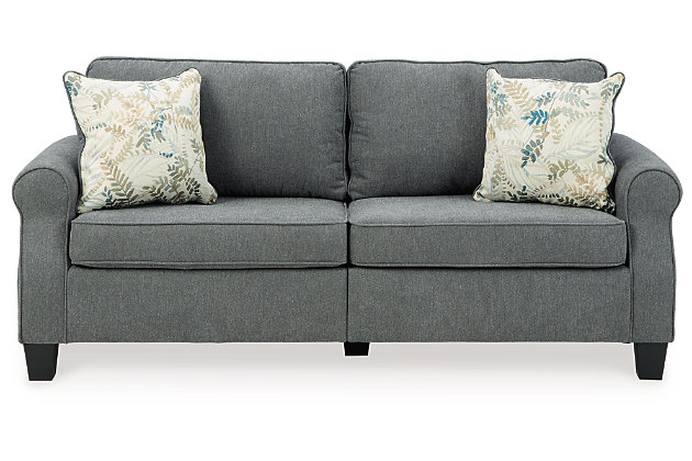 Whether your home is adorned with contemporary or American classic furnishings, the Alessio sofa has a timeless sense of elegance that's sure to fit right in. Signature elements include roll arms and cutaway side profiling for added flair. Richly neutral and soft to the touch, the charcoal blue fabric is a brilliant reflection of your good taste that's right on trend. Rounded cornering gives the box cushions a softened, tailored aesthetic that makes this sofa a great transitional piece of furniture.Corner-blocked frame | Loose seat and reversible back cushions | High-resiliency foam cushions | Polyester upholstery | Throw pillows included | Pillows with soft polyfill | Exposed feet with faux wood finish | Assembly required | Estimated Assembly Time: 15 Minutes