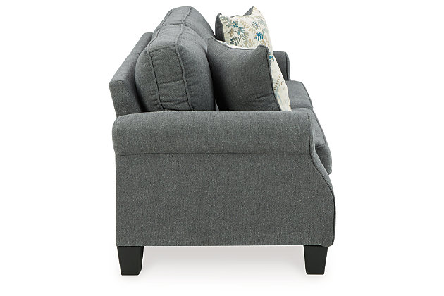 Whether your home is adorned with contemporary or American classic furnishings, the Alessio sofa has a timeless sense of elegance that's sure to fit right in. Signature elements include roll arms and cutaway side profiling for added flair. Richly neutral and soft to the touch, the charcoal blue fabric is a brilliant reflection of your good taste that's right on trend. Rounded cornering gives the box cushions a softened, tailored aesthetic that makes this sofa a great transitional piece of furniture.Corner-blocked frame | Loose seat and reversible back cushions | High-resiliency foam cushions | Polyester upholstery | Throw pillows included | Pillows with soft polyfill | Exposed feet with faux wood finish | Assembly required | Estimated Assembly Time: 15 Minutes