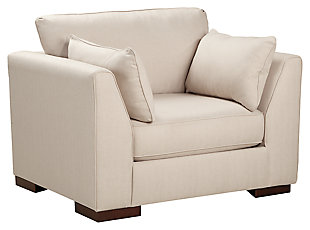 If you’re a fan of sleek comfort, Pierin oversized chair is for you. Extra-thick seat cushions have a superb pocketed coil core. Back cushion and sloping shelter arms are equally comforting. Neutral upholstery is woven in a subtle, yet classic herringbone pattern. The two arm bolster pillows? Think of them as icing on the cake.Corner-blocked frame | Loose seat and back cushions | Supportive coil seating construction | Includes 2 decorative pillows | Polyester upholstery | Exposed feet with faux wood finish
