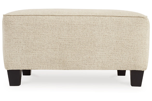 If you’re looking to lighten the mood, you’re sure to find the Abinger oversized ottoman a breath of fresh air. Covered in a cream chenille upholstery loaded with plush texture, this less-is-more contemporary ottoman is one sensational sidekick.Corner-blocked frame | Firmly cushioned | High-resiliency foam cushion wrapped in thick poly fiber | Polyester upholstery | Exposed tapered feet